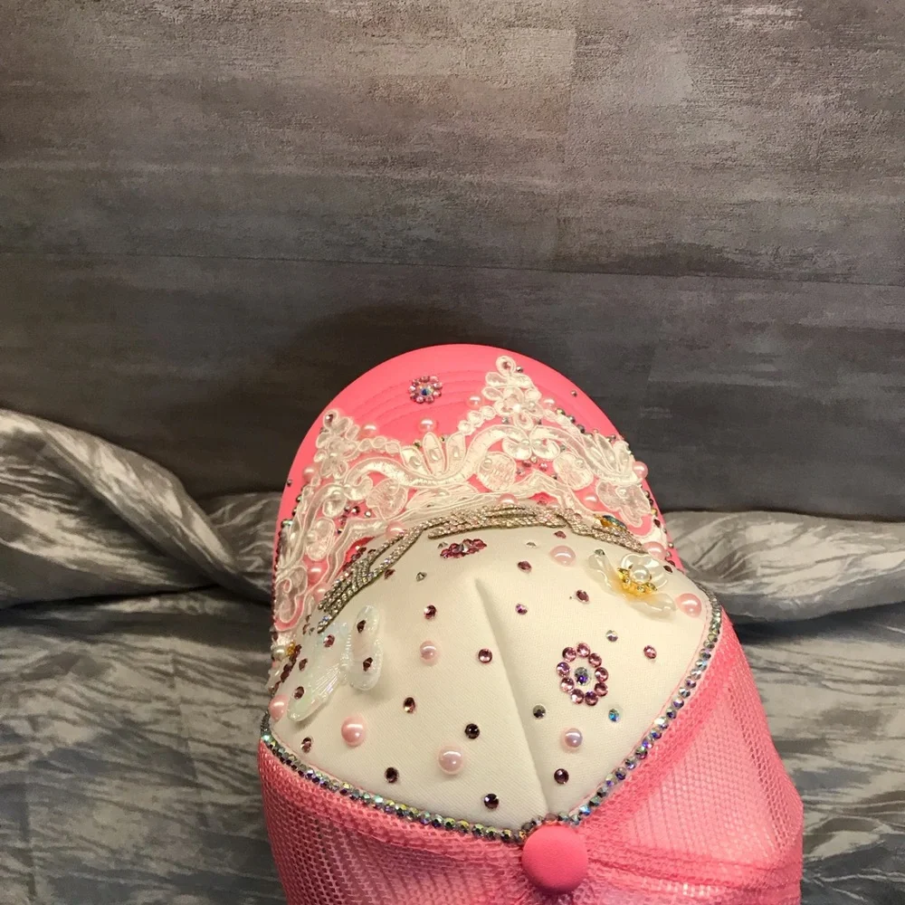 Embellished Pink and White Women’s Trucker Hat - Picture 7 of 11